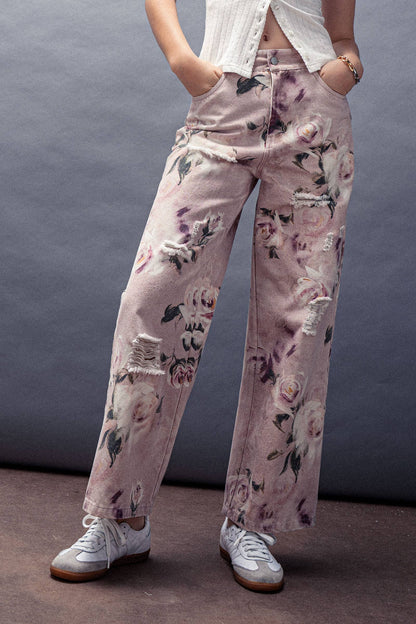 Urban Daizy - Romantic Rose Print High-Rise Denim Pants
