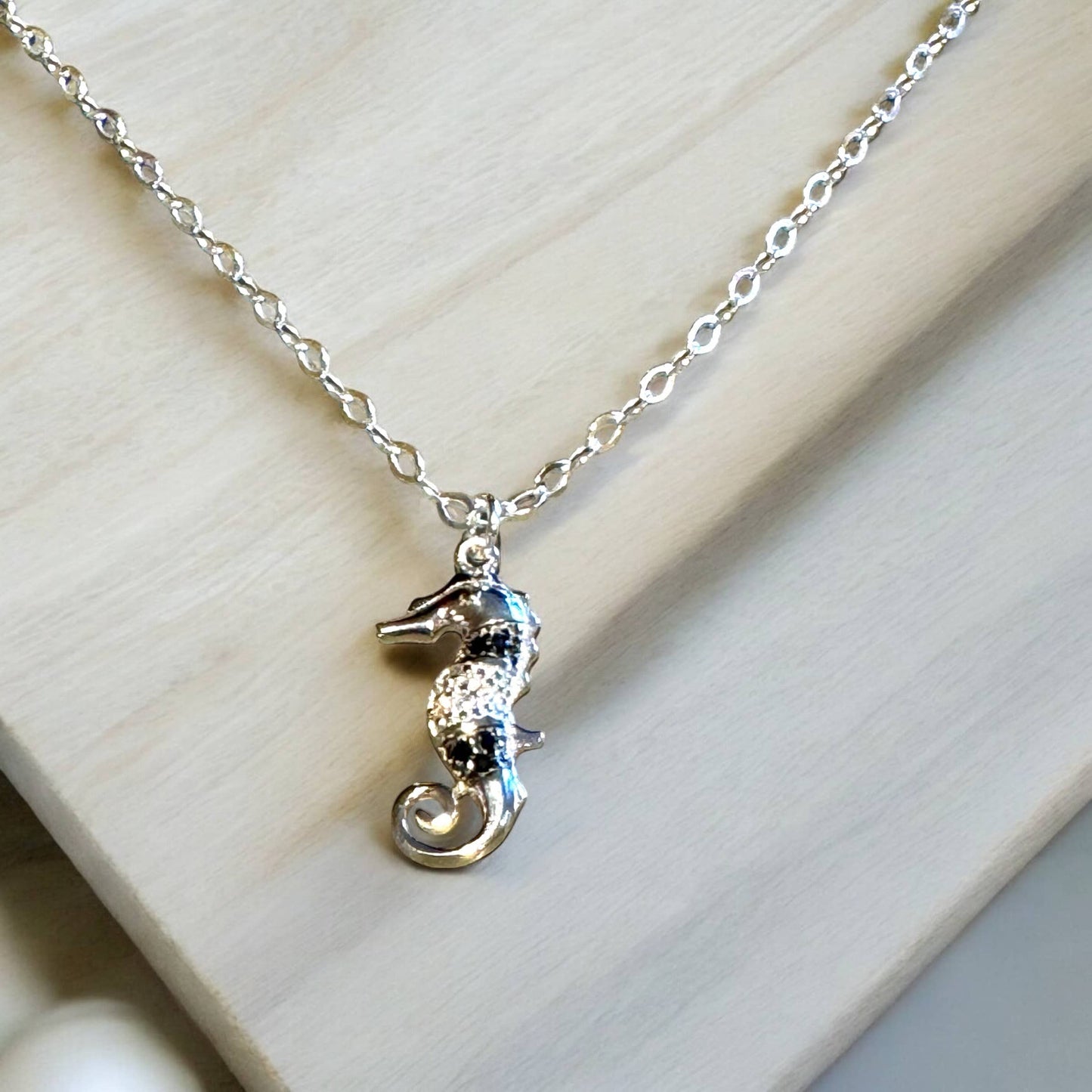 Jackie Gallagher Designs - Handmade Coastal Jewelry - Sterling silver seahorse Necklace with CZ's