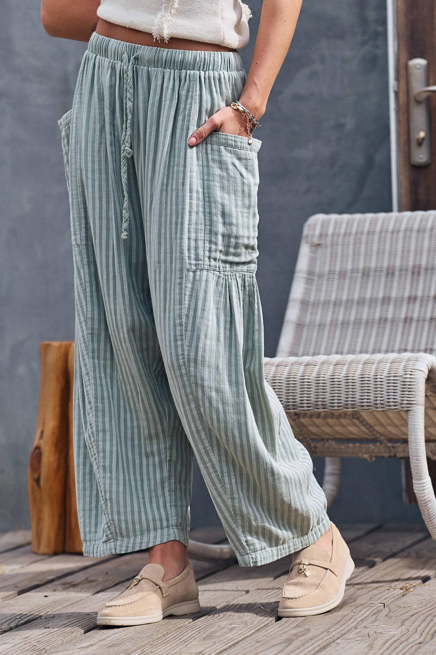 Urban Daizy - Striped Cotton Drawstring Harem Pants