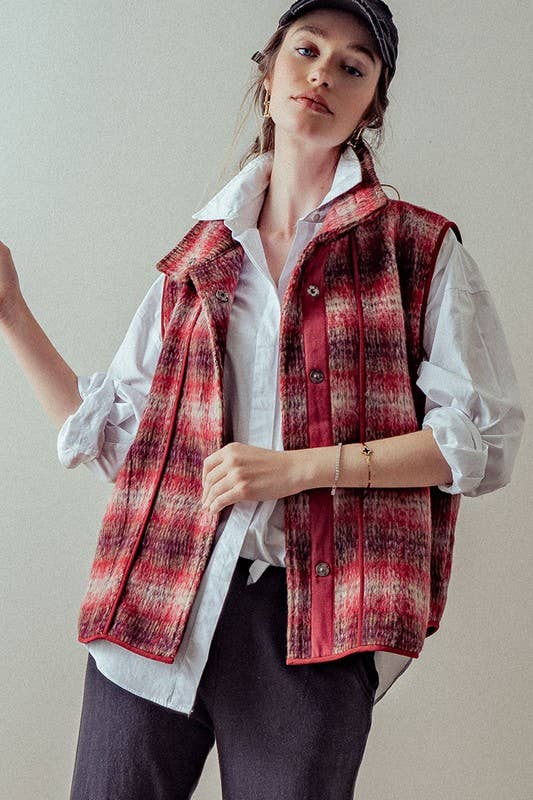 VINTAGE PLAID OVERSIZED WOOL VEST: RUST/TAUPE / S-2/M-2/L-2