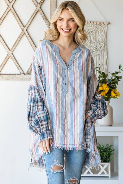 Oli&Hali - MINERAL WASHED FABRIC MIXED HENREY TOP - JT0013: BLUE COMBO / OS