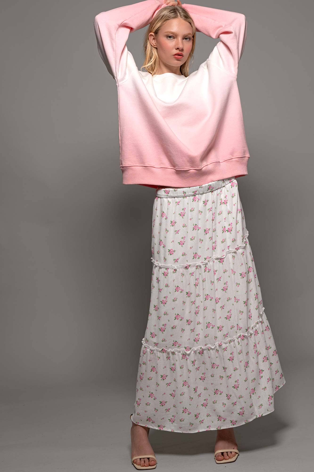 Urban Daizy - Rose Print Triple-Tier Ruffle Linen Blend Skirt: PINK / S-2/M-2/L-2