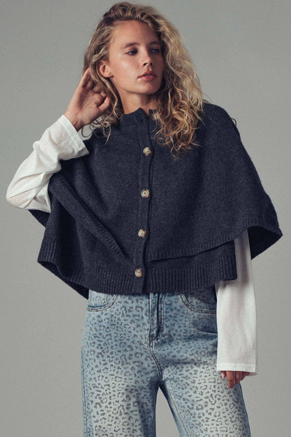 Urban Daizy - Wool Blend Button-Front Sweater Cape