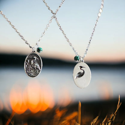 Jackie Gallagher Designs - Handmade Coastal Jewelry - Blue Heron with Malachite Necklace, sterling silver