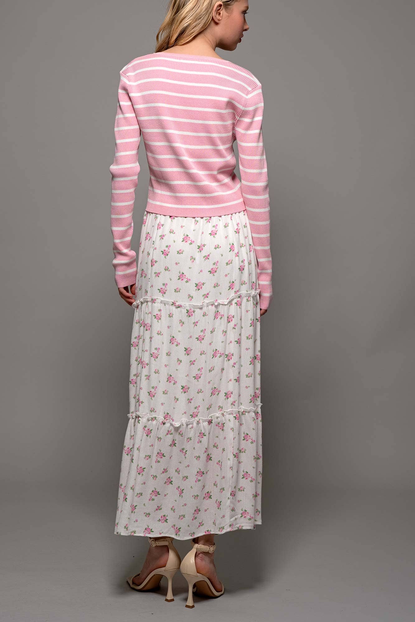 Urban Daizy - Rose Print Triple-Tier Ruffle Linen Blend Skirt: PINK / S-2/M-2/L-2