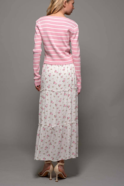Urban Daizy - Rose Print Triple-Tier Ruffle Linen Blend Skirt: PINK / S-2/M-2/L-2