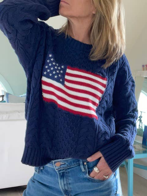 Pink Pineapple - Cotton Flag Aran Knit Sweater in NAVY