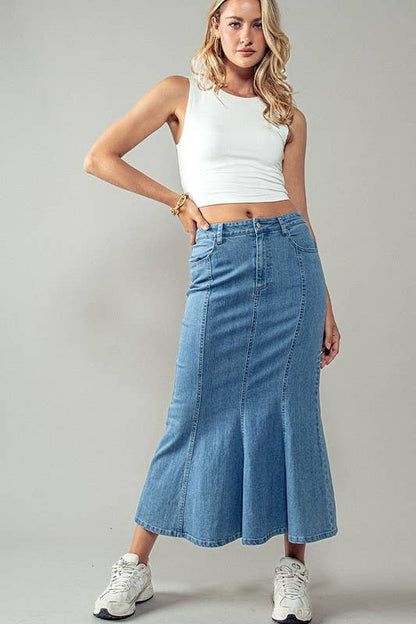 Urban Daizy - Wave Away Panel Midi Skirt: DENIM / S-2/M-2/L-2