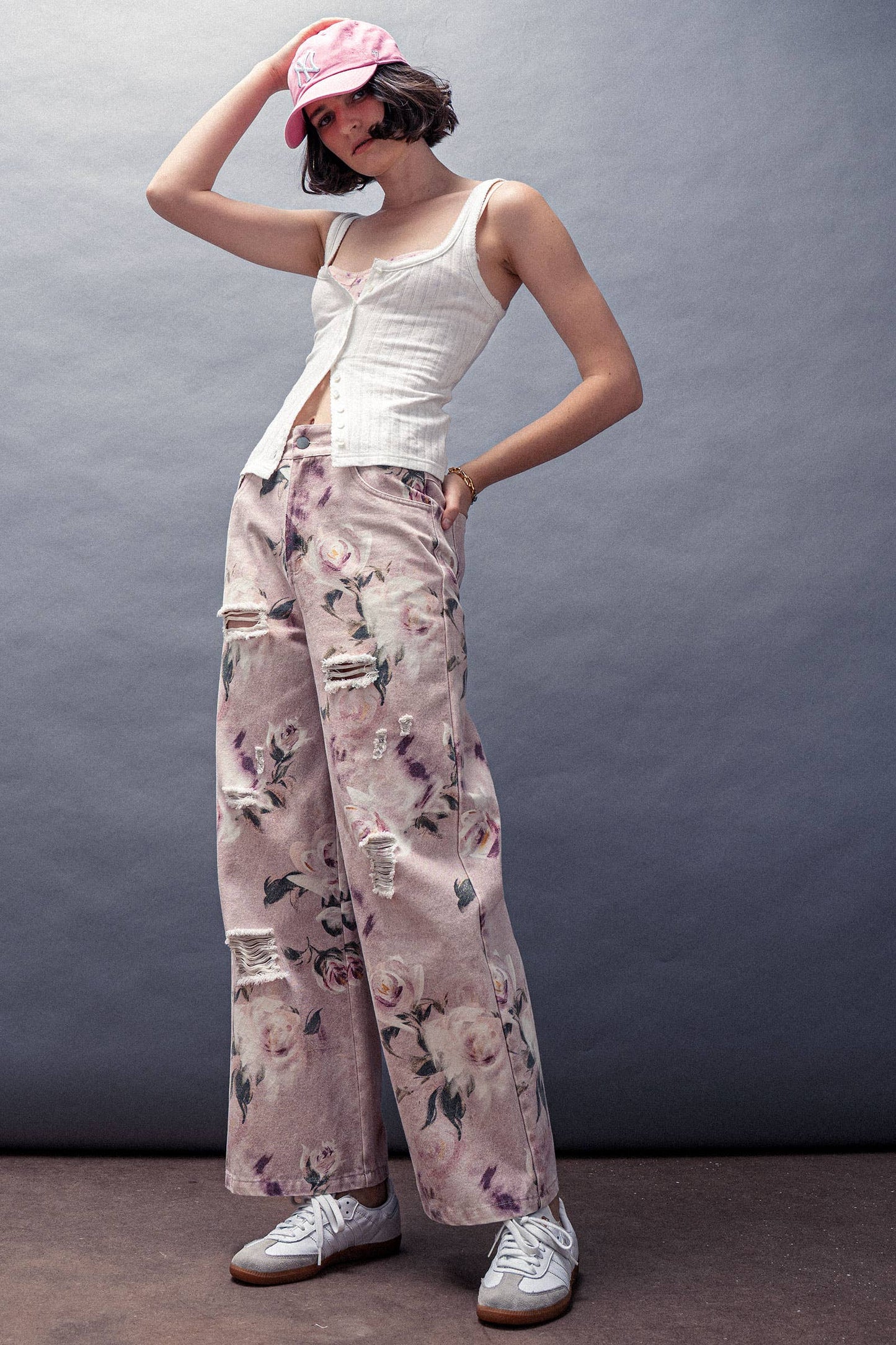 Urban Daizy - Romantic Rose Print High-Rise Denim Pants