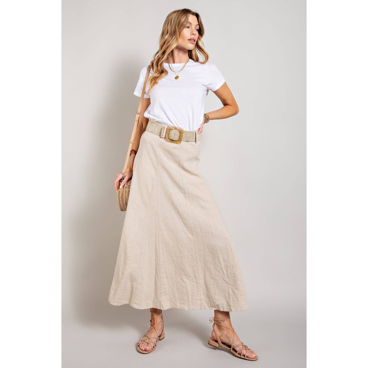 Sweet Generis - LINEN MAXI FLARE SKIRT with TRIM BELT