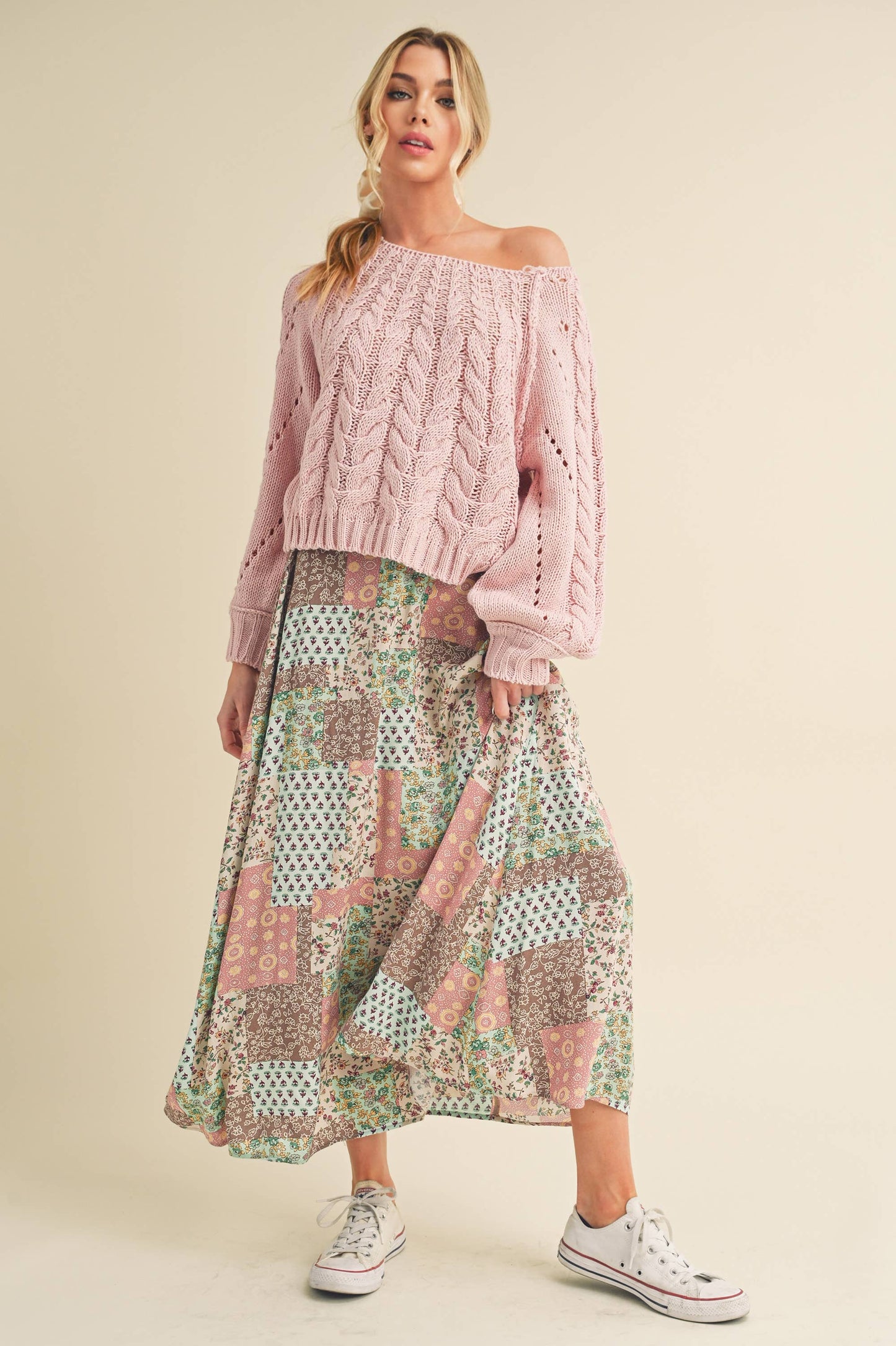 AEMI + CO - 773DN Bradyn Patchwork Print Skirt: M / Contemporary / Mint/Pink