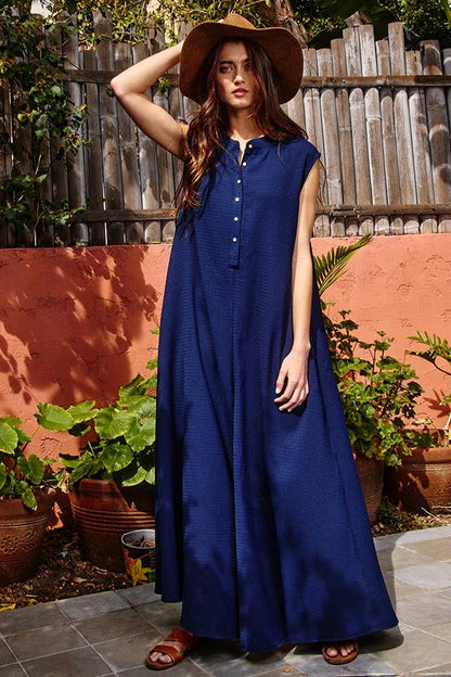 BUCKETLIST - R5120-1M -Button Up Wide Leg Solid Woven Waffle Jumpsuit: S-M-L (2-2-2) / BABY PINK