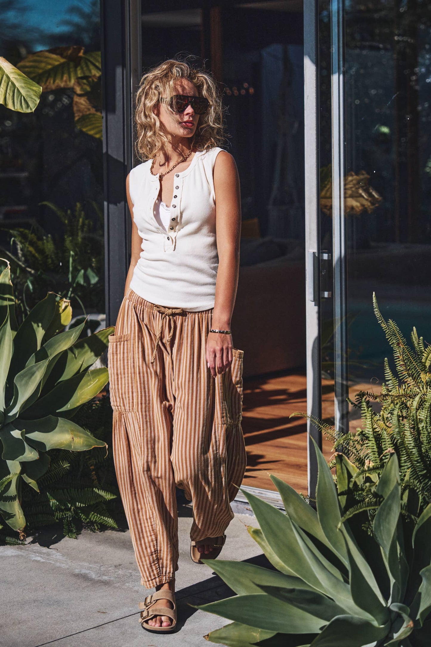 Urban Daizy - Striped Cotton Drawstring Harem Pants