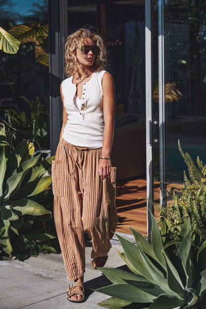 Urban Daizy - Striped Cotton Drawstring Harem Pants