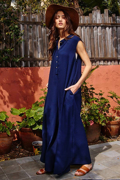 BUCKETLIST - R5120-1M -Button Up Wide Leg Solid Woven Waffle Jumpsuit: S-M-L (2-2-2) / BABY PINK
