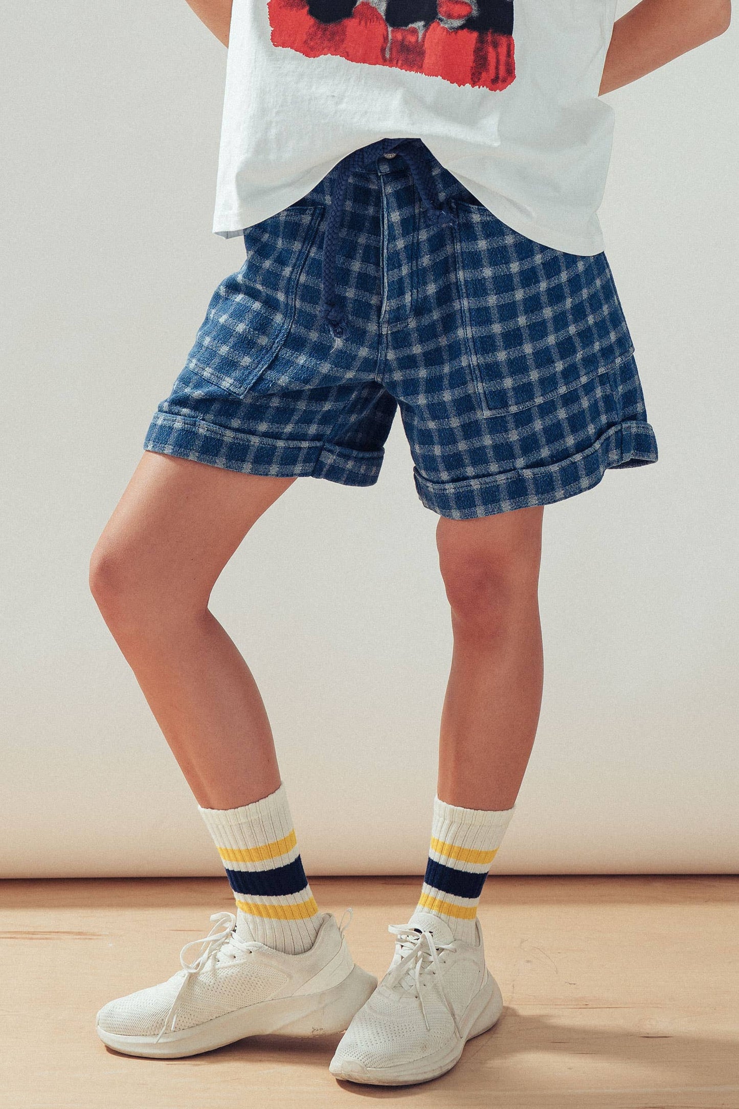 Urban Daizy - Plaid Cotton Blend Shorts Rope Drawstring