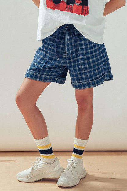 Urban Daizy - Plaid Cotton Blend Shorts Rope Drawstring