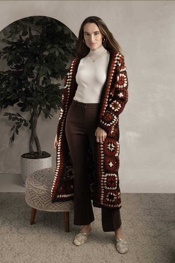 SAACHI - Woolen Granny Square Crochet Kimono: Brown