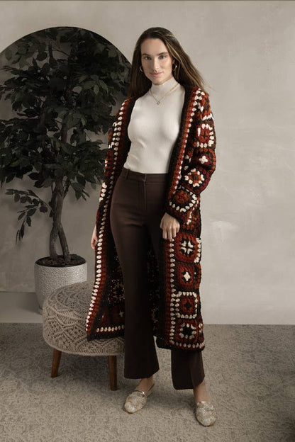 SAACHI - Woolen Granny Square Crochet Kimono: Navy
