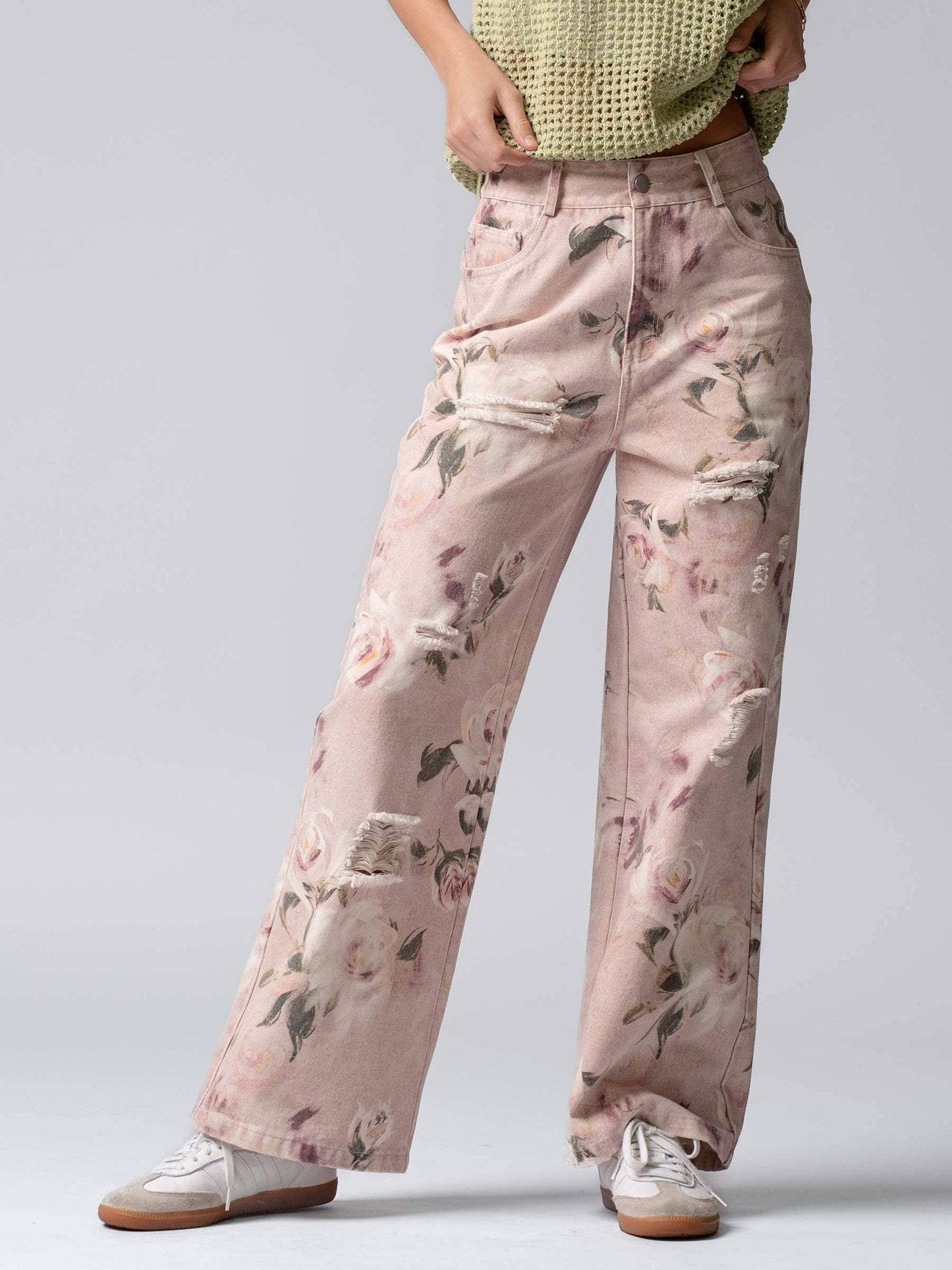 Urban Daizy - Romantic Rose Print High-Rise Denim Pants