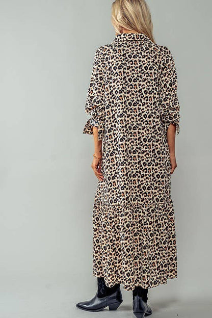 Urban Daizy - LEOPARD PRINT RUFFLE HEM BUTTON MAXI DRESS: LEOPARD / S-2/M-2/L-2
