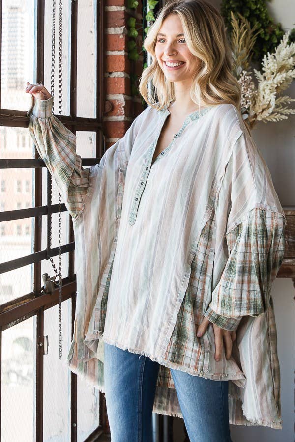 Oli&Hali - MINERAL WASHED FABRIC MIXED HENREY TOP - JT0013: BLUE COMBO / OS