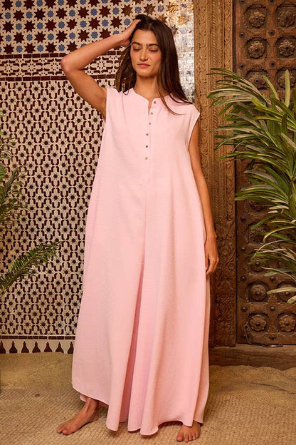BUCKETLIST - R5120-1M -Button Up Wide Leg Solid Woven Waffle Jumpsuit: S-M-L (2-2-2) / BABY PINK