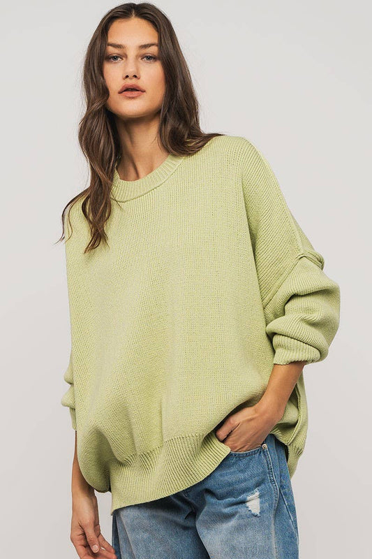 Urban Daizy - OVERSIZED SIDE SLIT CREW NECK COZY SWEATER  : PISTACHIO / S-2/M-2/L-2