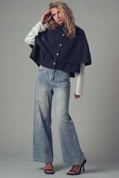 Urban Daizy - Wool Blend Button-Front Sweater Cape