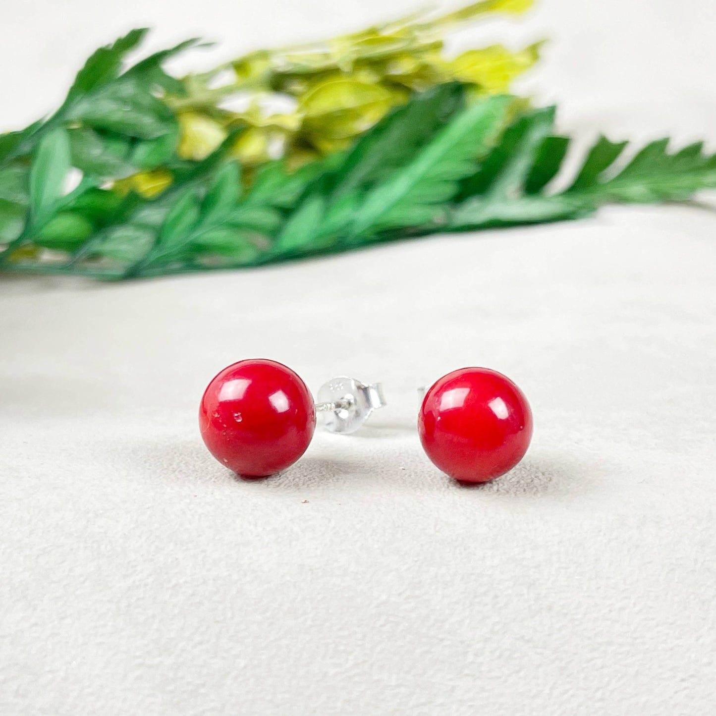 Ewelina Pas Jewelry - Silver 8mm Red Coral Orb Stud Earrings