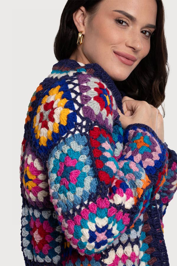 SAACHI - Woolen Granny Square Crochet Kimono: Brown