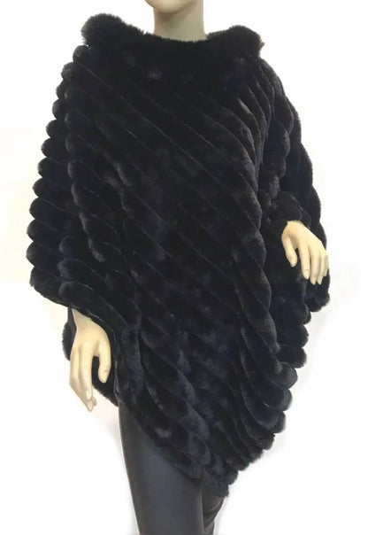 LOOWIE - 068 Luxurious Green Faux Fur Ribbed Poncho with Plush Collar: Olive
