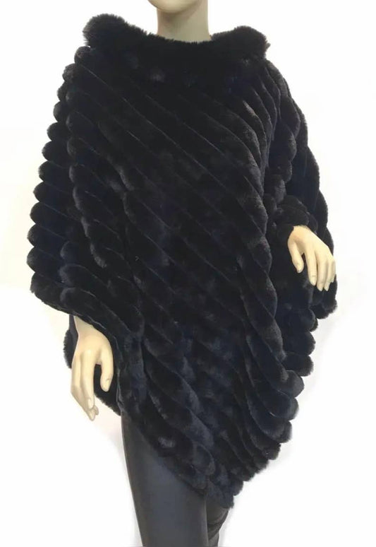 LOOWIE - 068 Luxurious Green Faux Fur Ribbed Poncho with Plush Collar: Black