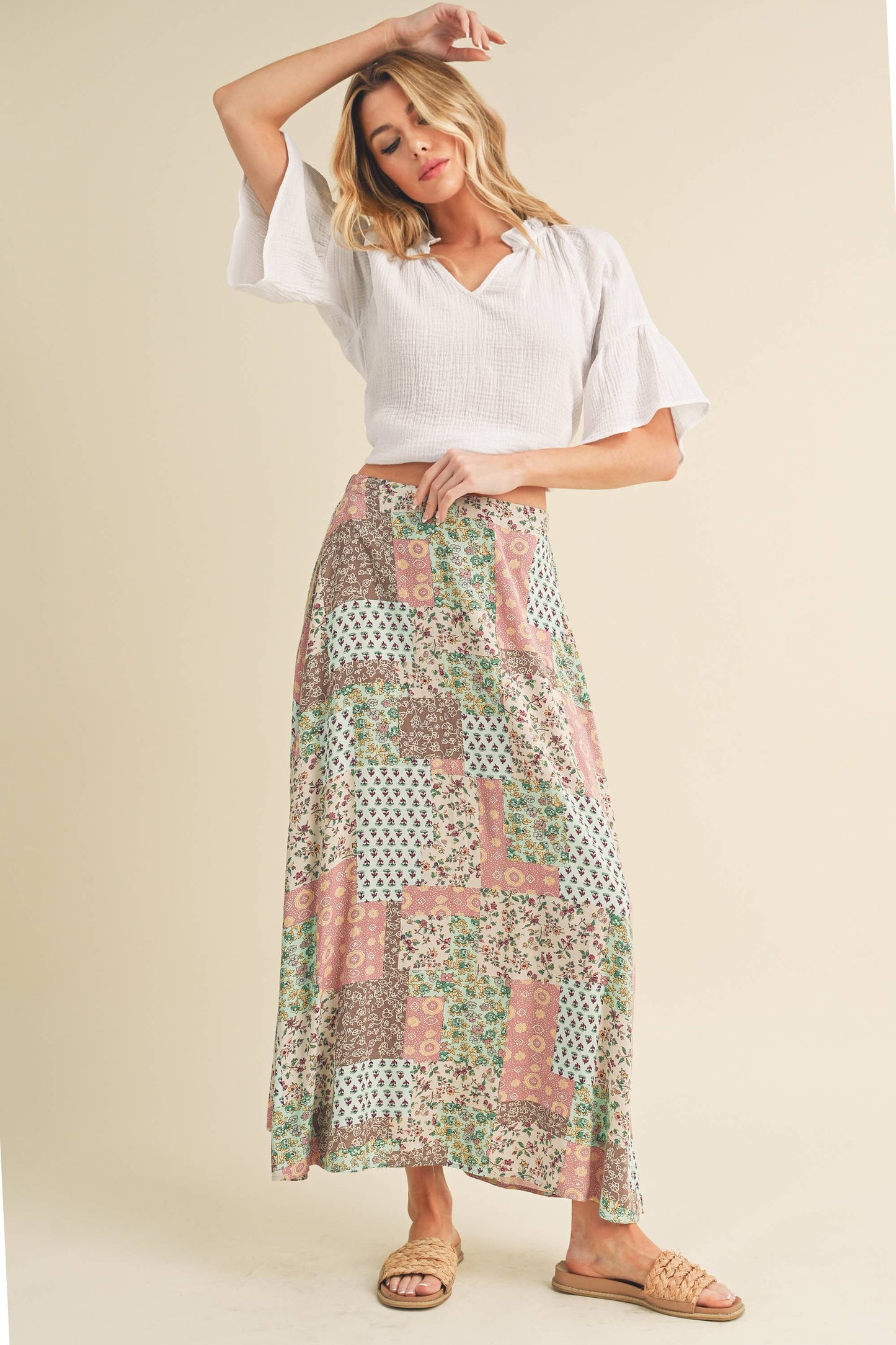 AEMI + CO - 773DN Bradyn Patchwork Print Skirt: M / Contemporary / Mint/Pink