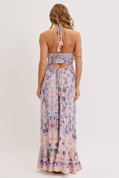 Sweet Lovely by Jen - BOHEMIAN FLORAL PRINT HALTER FLORAL  MAXI DRESS