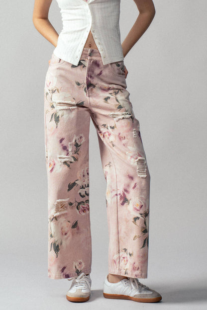 Urban Daizy - Romantic Rose Print High-Rise Denim Pants