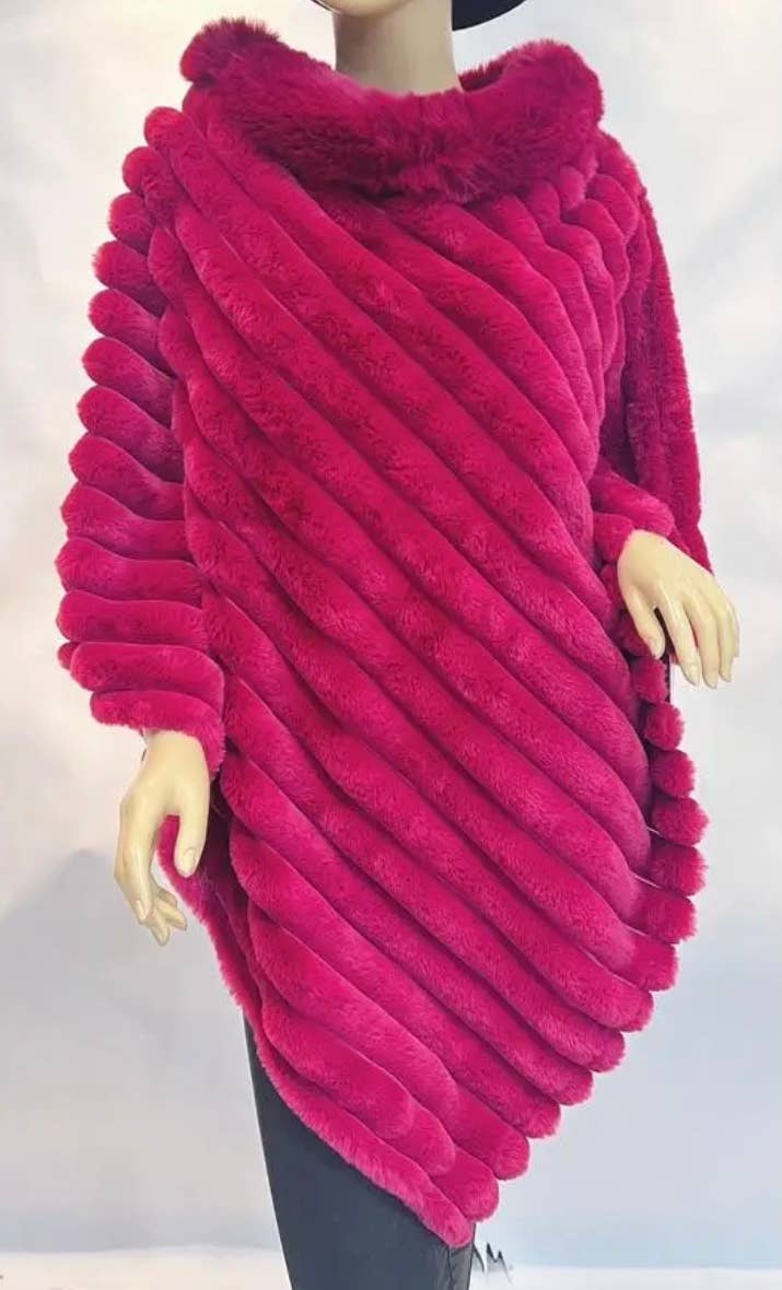 LOOWIE - 068 Luxurious Green Faux Fur Ribbed Poncho with Plush Collar: Blush