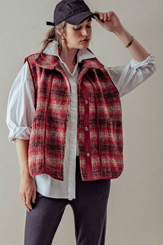 VINTAGE PLAID OVERSIZED WOOL VEST: RUST/TAUPE / S-2/M-2/L-2