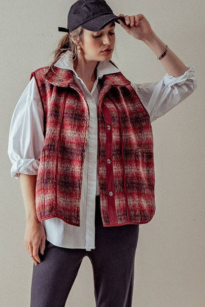 VINTAGE PLAID OVERSIZED WOOL VEST: RUST/TAUPE / S-2/M-2/L-2