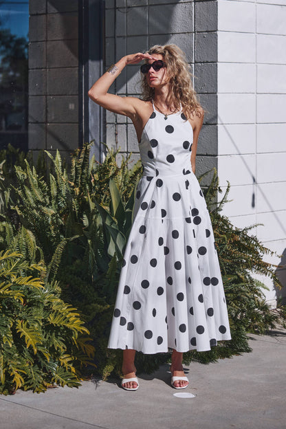 Urban Daizy - Polka Dot Halter Cotton Maxi Dress Smocked Back
