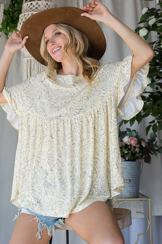 BUCKETLIST - (SALE)- T1325B Ruffled Leaf Print Babydoll Tunic Top: S-M-L (2-2-2) / LT YELLOW/GREY