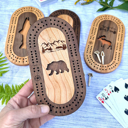 Cast & Carve - Wildlife Mini Travel Cribbage Board & Custom Pegs Set: Any Custom Design (Message Us) / Select best pegs for us