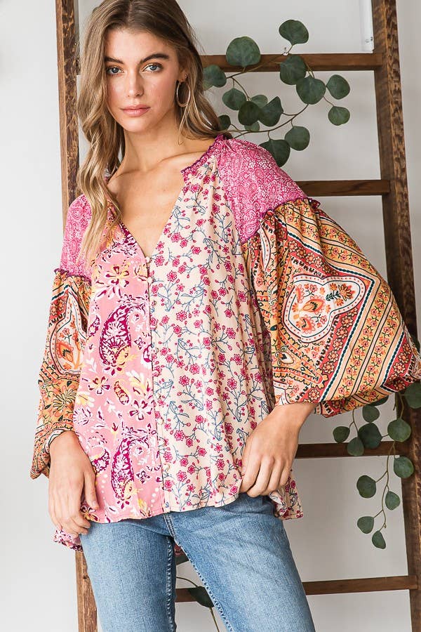 Oli&Hali - BUTTON FRONT PRINT MIXED BLOUSE - JT0191: PINK / S
