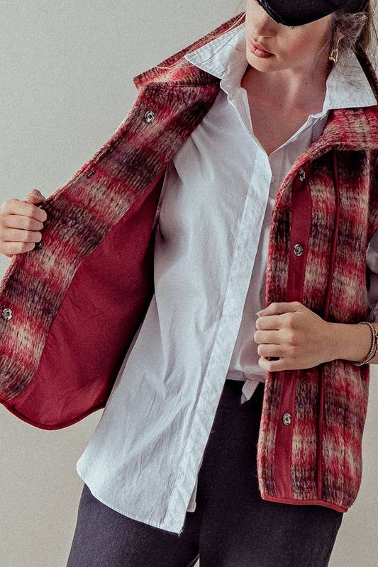 VINTAGE PLAID OVERSIZED WOOL VEST: RUST/TAUPE / S-2/M-2/L-2