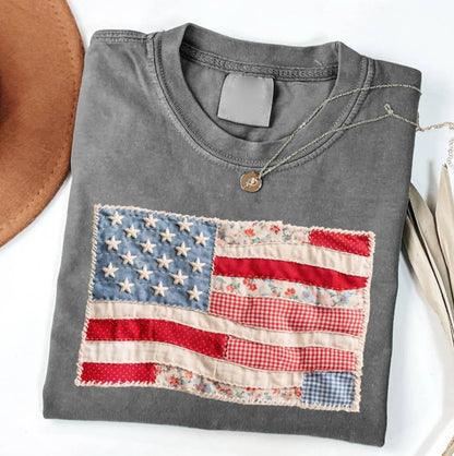 Rosa Clothing - American Flag Faux Texture Patchwork Print T-Shirt
