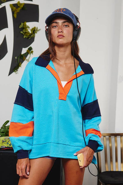 BUCKETLIST - T2004E French Terry Color-block Collared Loose Fit Top: YELLOW/BABYBLUE / S-M-L (2-2-2)