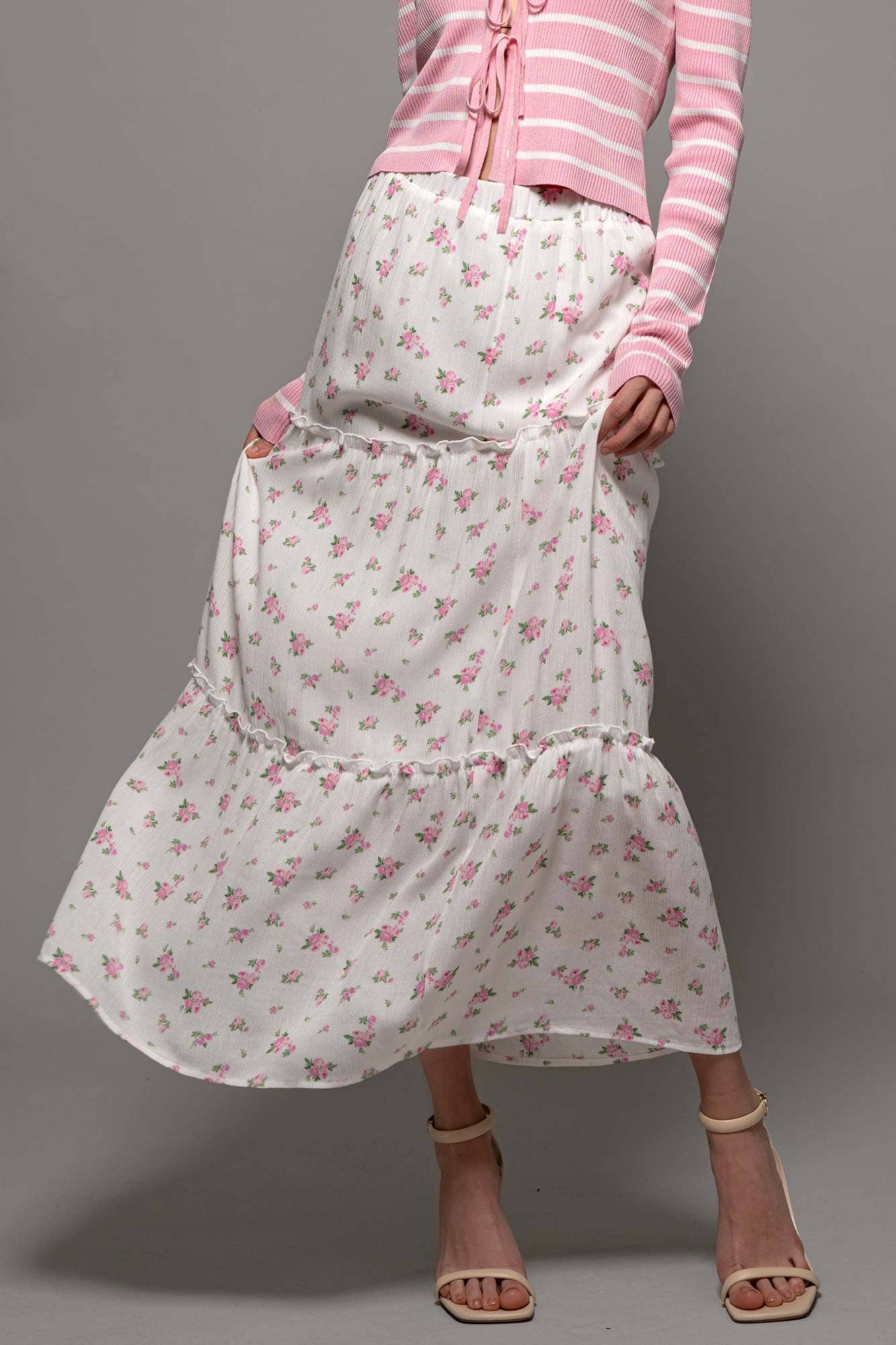 Urban Daizy - Rose Print Triple-Tier Ruffle Linen Blend Skirt: PINK / S-2/M-2/L-2