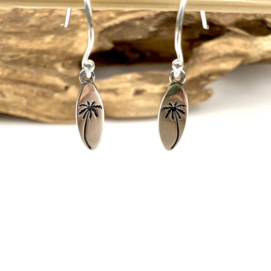 Jackie Gallagher Designs - Handmade Coastal Jewelry - Sterling silver Surfboard Palm Tree Earring
