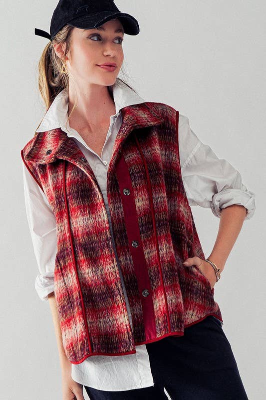 VINTAGE PLAID OVERSIZED WOOL VEST: RUST/TAUPE / S-2/M-2/L-2
