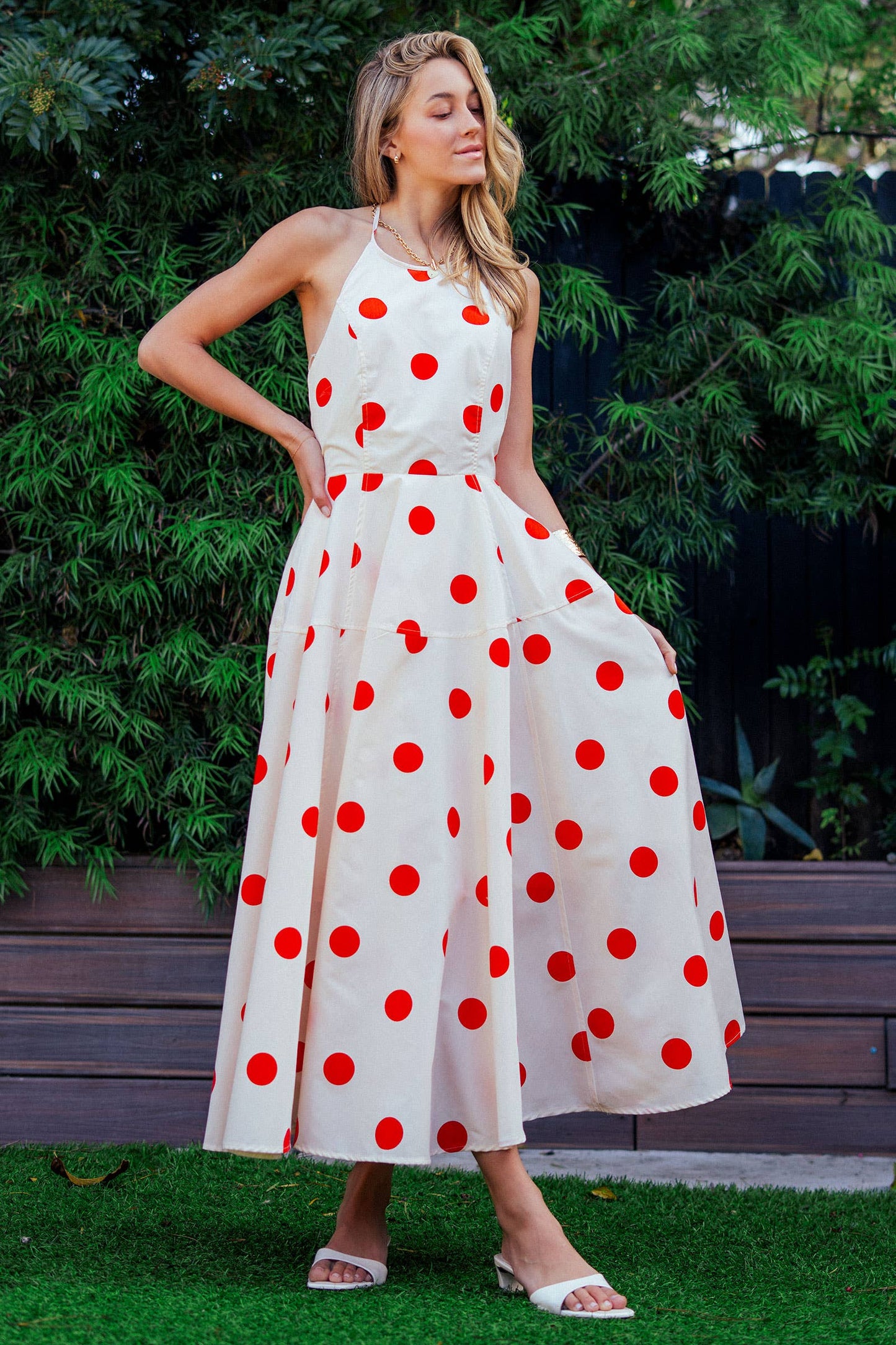Urban Daizy - Polka Dot Halter Cotton Maxi Dress Smocked Back